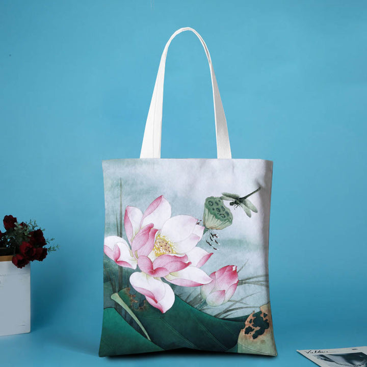 Buddha Stones Lotus Shape Canvas Shoulder Bag - Pink lotus Green dragonfly - no zipper - image 2
