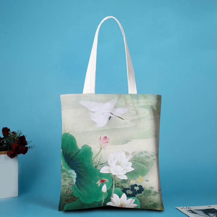 Buddha Stones Lotus Canvas Shoulder Bag - Lotus Crane - no zipper - image 2