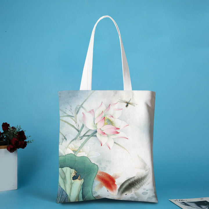 Buddha Stones Lotus Canvas Shoulder Bag - Lotus koi Fish- no zipper - image 3
