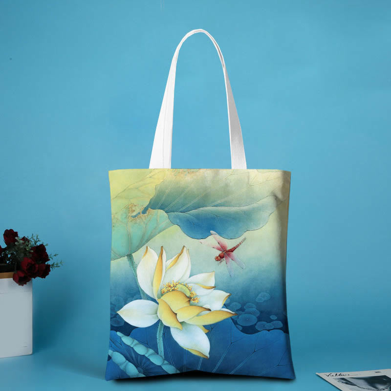 Buddha Stones Lotus Canvas Shoulder Bag - Yellow Lotus Dragonfly - no zipper - image 1