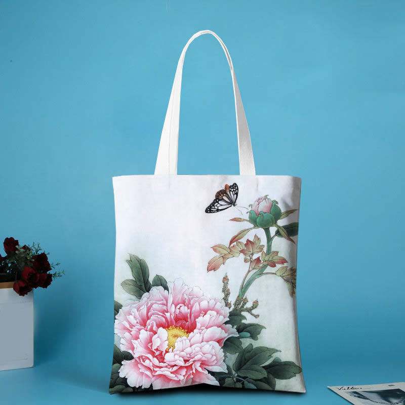 Buddha Stones Canvas Peony Shoulder Bag - Two pink peony butterflies - no zipper - image 0