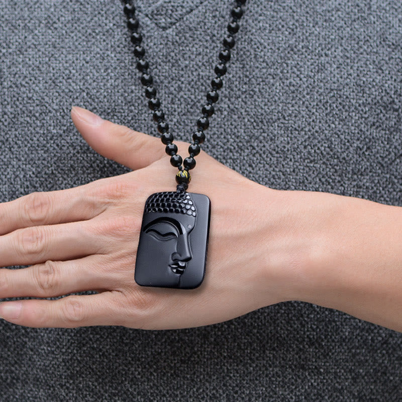 Buddha Stones Natural Black Obsidian Buddha Prayer Purification Luck Pendant Necklace - image 3