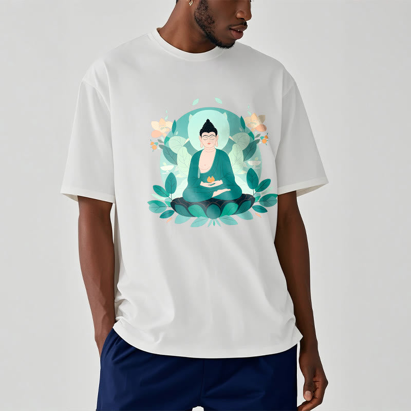 Buddha Stones Close Eyes Green Leaf Buddha Tee T-shirt - image 3
