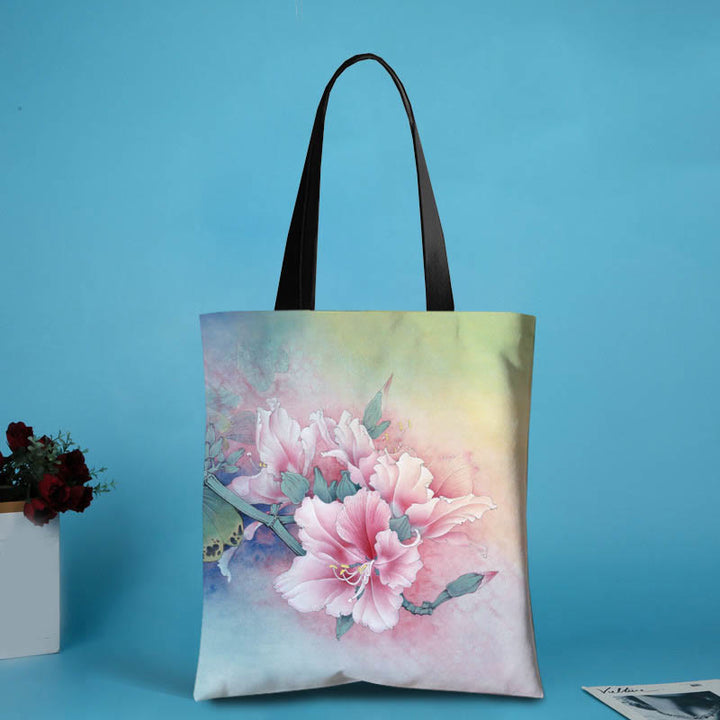 Buddha Stones Large Capacity Handmade Canvas Ink Lotus Dragonfly Shoulder Bag Shopping Bag - Pink And Yellow(31*35cm) - image 1