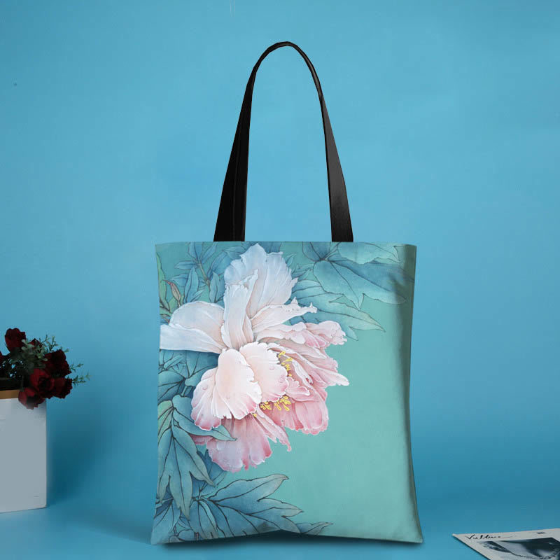 Buddha Stones Large Capacity Handmade Canvas Ink Lotus Dragonfly Shoulder Bag Shopping Bag - Pink Flower(31*35cm) - image 0