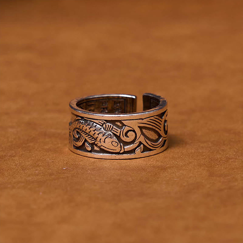 Buddha Stones Koi Fish Heart Sutra Carved Design Luck Wealth Ring - image 1