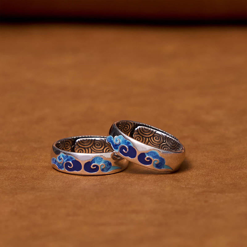Buddha Stones Blue Auspicious Clouds Pattern Wealth Copper Adjustable Ring - image 1