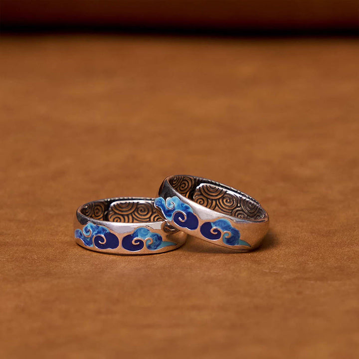 Buddha Stones Blue Auspicious Clouds Pattern Wealth Copper Adjustable Ring - image 1