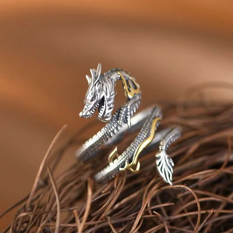 Buddha Stones Vintage Dragon Pattern Protection Ring - image 1