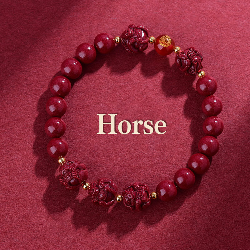 Buddha Stones Chinese Zodiac Cinnabar Keep Away Evil Spirits Blessing Bracelet - Horse - Cinnabar(12mm) - image 7