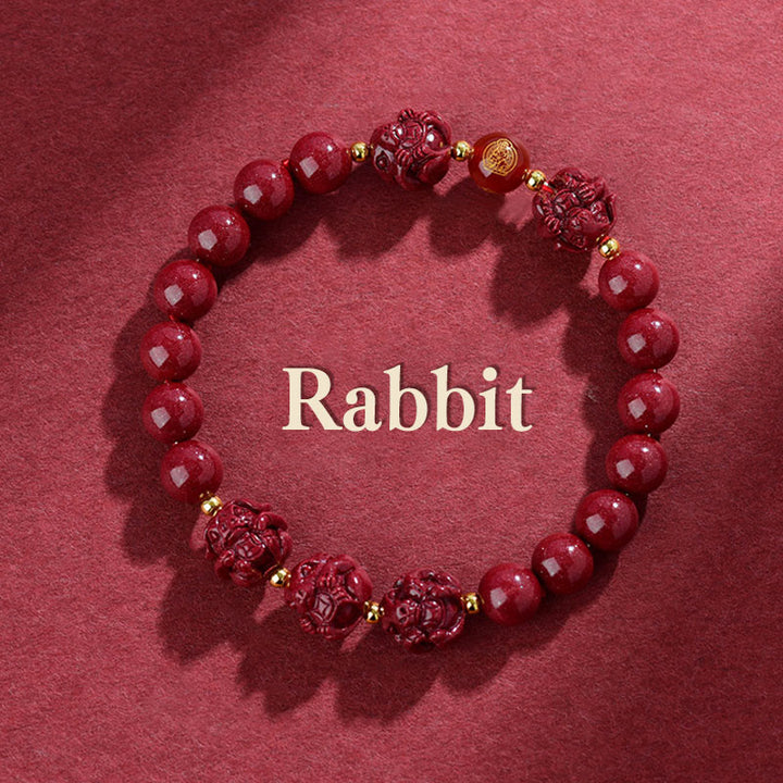 Buddha Stones Chinese Zodiac Cinnabar Keep Away Evil Spirits Blessing Bracelet - Rabbit - Cinnabar(12mm) - image 4