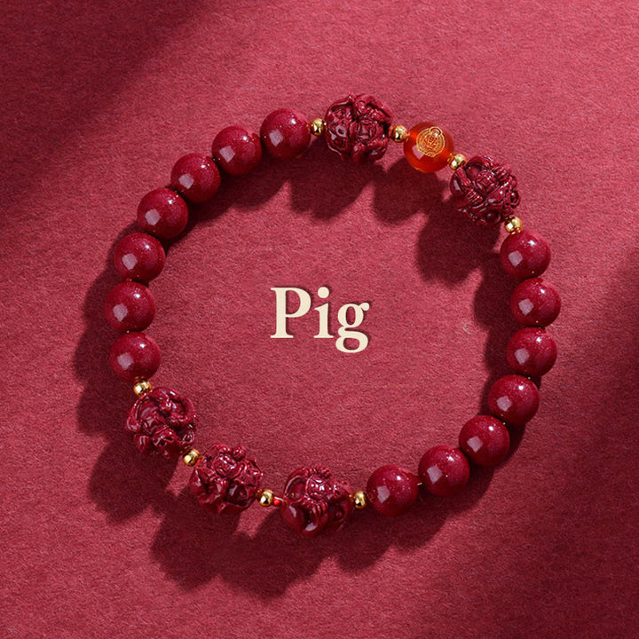 Buddha Stones Chinese Zodiac Cinnabar Keep Away Evil Spirits Blessing Bracelet - Pig - Cinnabar(12mm) - image 12