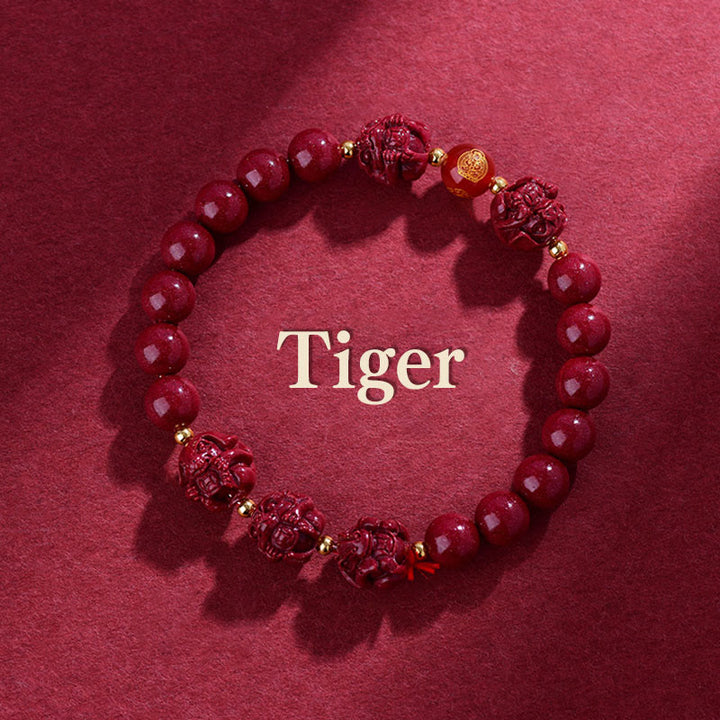 Buddha Stones Chinese Zodiac Cinnabar Keep Away Evil Spirits Blessing Bracelet - Tiger - Cinnabar(12mm) - image 3