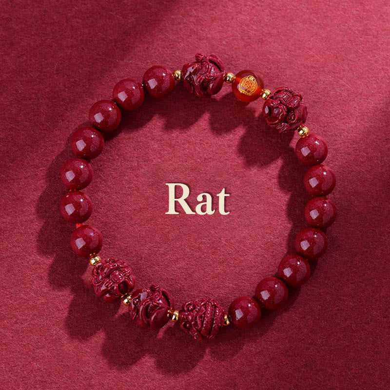 Buddha Stones Chinese Zodiac Cinnabar Keep Away Evil Spirits Blessing Bracelet - Rat - Cinnabar(12mm) - image 1