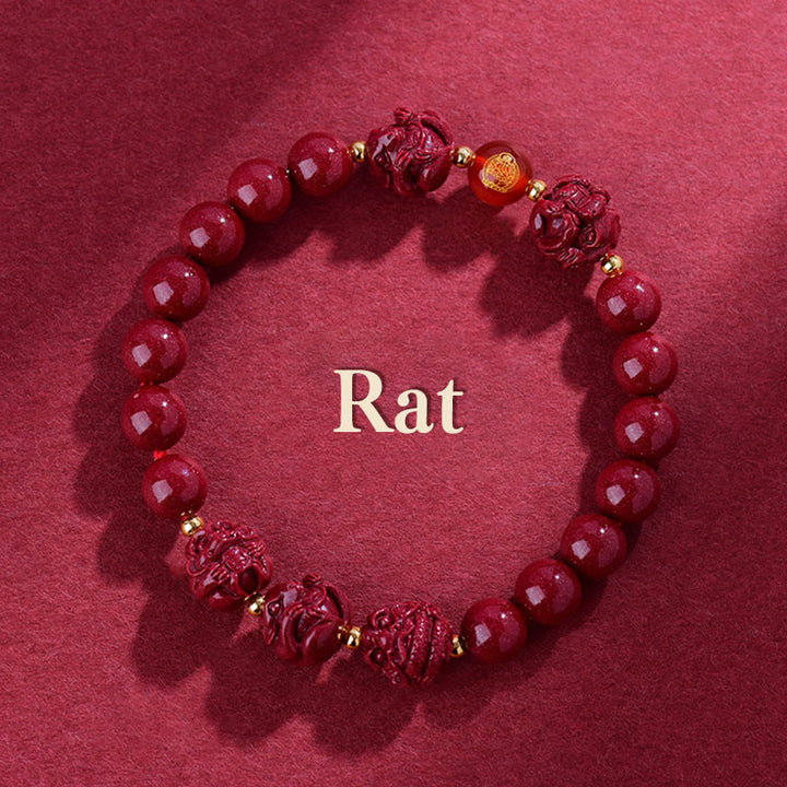 Buddha Stones Chinese Zodiac Cinnabar Keep Away Evil Spirits Blessing Bracelet - Rat - Cinnabar(12mm) - image 1