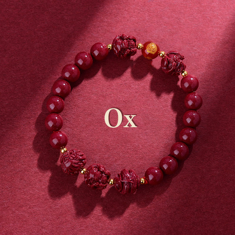Buddha Stones Chinese Zodiac Cinnabar Keep Away Evil Spirits Blessing Bracelet - Ox - Cinnabar(12mm) - image 2