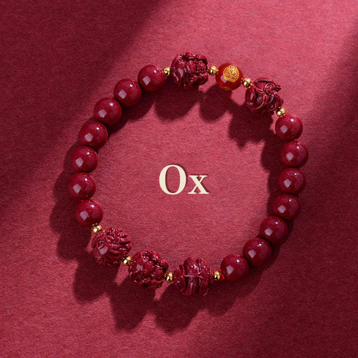 Buddha Stones Chinese Zodiac Cinnabar Keep Away Evil Spirits Blessing Bracelet - Ox - Cinnabar(12mm) - image 2