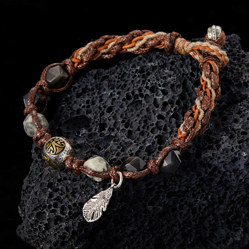 Buddha Stones Retro 925 Sterling Silver Silver Sheen Obsidian Transport Rope Handmade Braided Bracelet - image 1