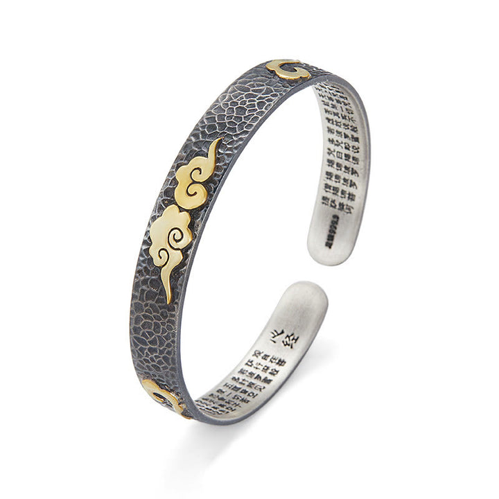 Buddha Stones Retro 999 Sterling Silver Heart Sutra Auspicious Cloud Wealth Cuff Bracelet Bangle - image 2