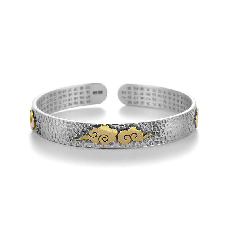 Buddha Stones Retro 999 Sterling Silver Heart Sutra Auspicious Cloud Wealth Cuff Bracelet Bangle - 999 Sterling Silver(Light)(Wrist Circumference：15-18cm) - image 9