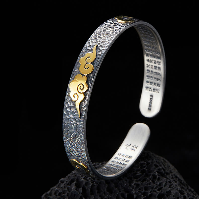 Buddha Stones Retro 999 Sterling Silver Heart Sutra Auspicious Cloud Wealth Cuff Bracelet Bangle - 999 Sterling Silver(Dark)(Wrist Circumference：15-18cm) - image 0