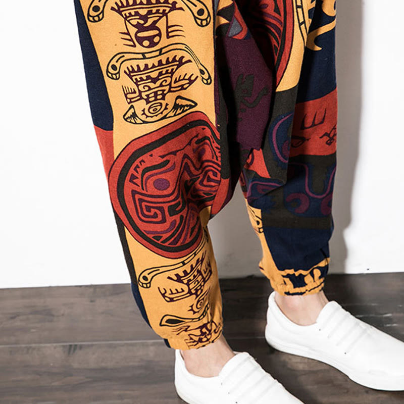 Buddha Stones Red Brown Graffiti Bird Print Men's Harem Pants With Pockets - image 8
