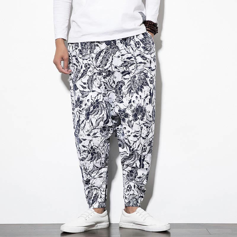 Buddha Stones Leaves Vine Print Cotton Men's Long Cropped Harem Pants With Pockets - image 1