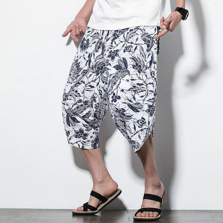 Buddha Stones Leaves Vine Print Cotton Men's Long Cropped Harem Pants With Pockets - image 15
