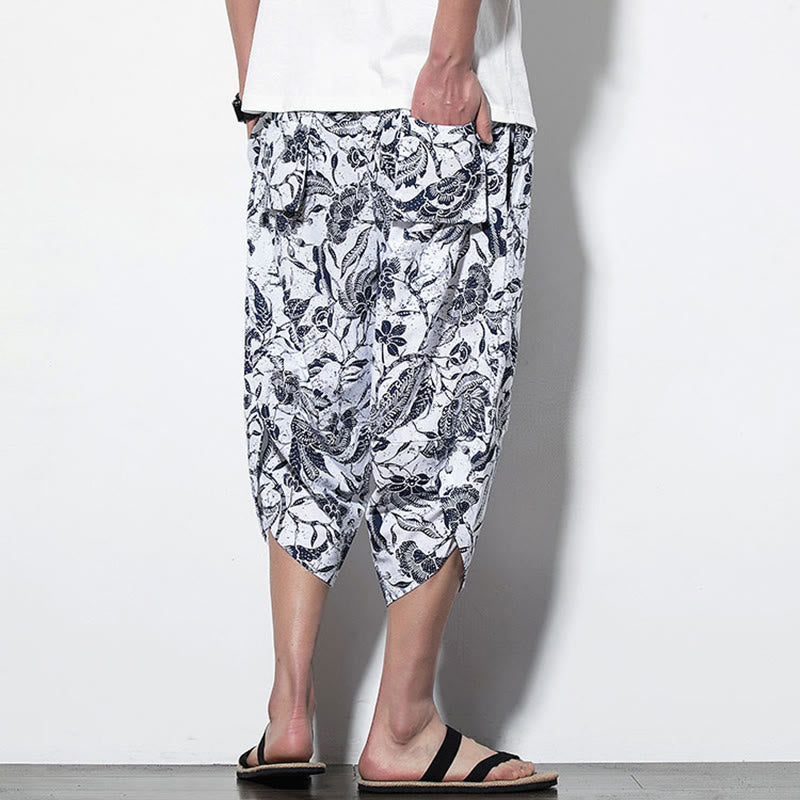 Buddha Stones Leaves Vine Print Cotton Men's Long Cropped Harem Pants With Pockets - image 11