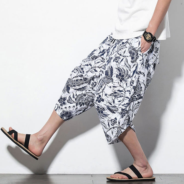 Buddha Stones Leaves Vine Print Cotton Men's Long Cropped Harem Pants With Pockets - image 18