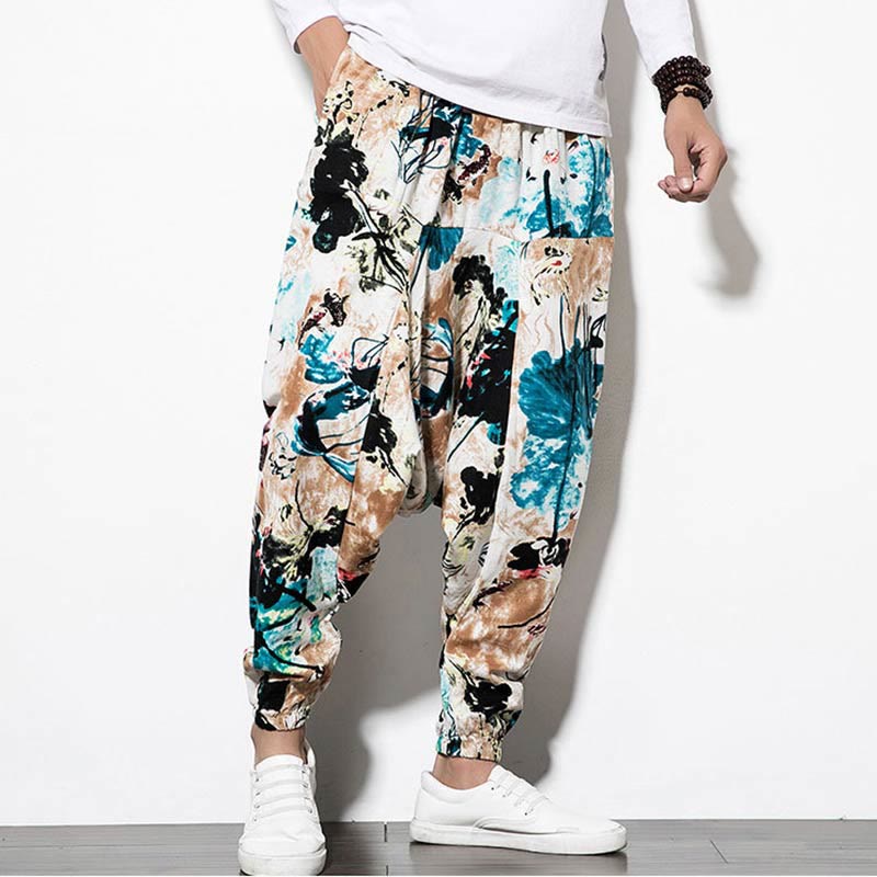 Buddha Stones Flowers Leaves Brown Blue Painting Print Cotton Men's Long Cropped Harem Pants With Pockets - image 5