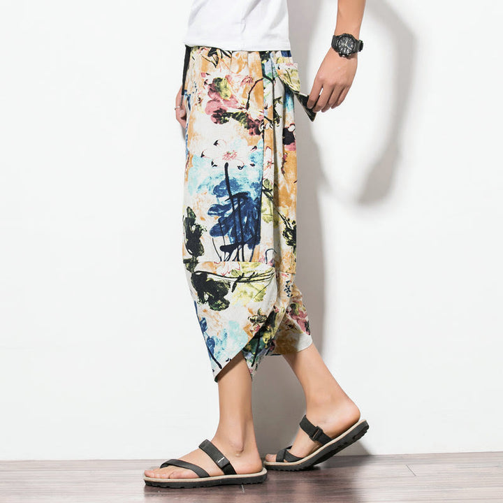 Buddha Stones Flowers Leaves Brown Blue Painting Print Cotton Men's Long Cropped Harem Pants With Pockets - image 14