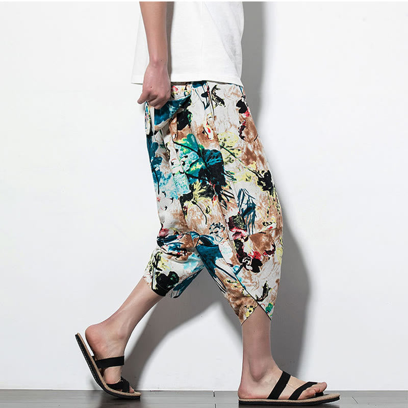 Buddha Stones Flowers Leaves Brown Blue Painting Print Cotton Men's Long Cropped Harem Pants With Pockets - image 17