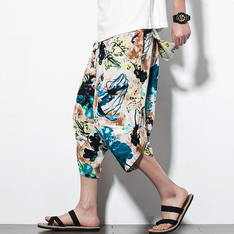 Buddha Stones Flowers Leaves Brown Blue Painting Print Cotton Men's Long Cropped Harem Pants With Pockets - Cropped Style SandyBrown Blue - US/UK/AU46，EU56 (5XL) - image 9