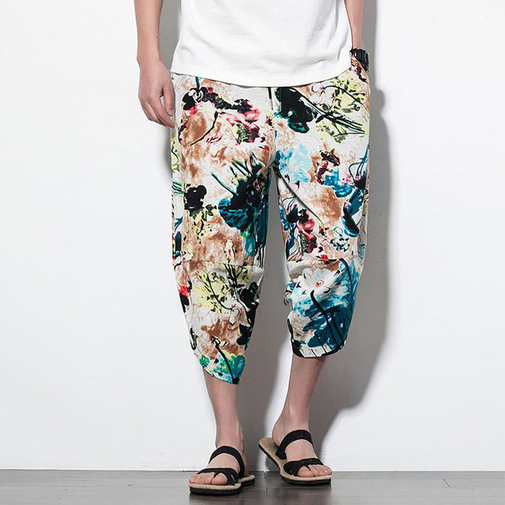 Buddha Stones Flowers Leaves Brown Blue Painting Print Cotton Men's Long Cropped Harem Pants With Pockets - image 15