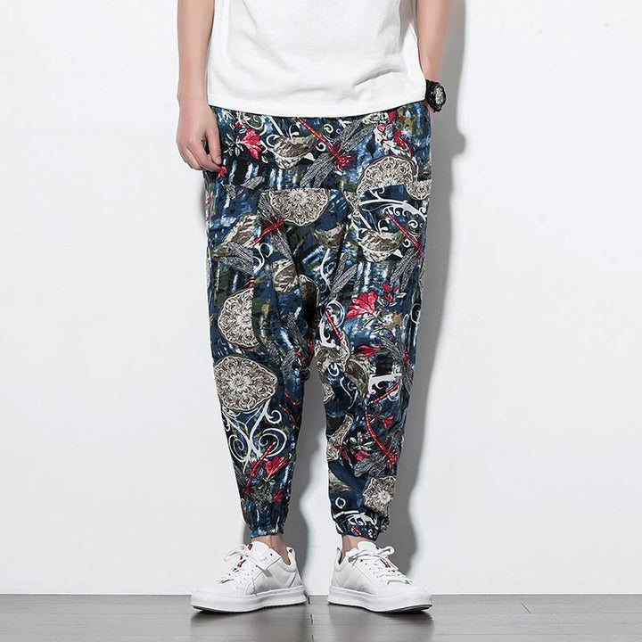 Buddha Stones Red Dragonfly Dandelion Print Cotton Men's Harem Pants With Pockets - image 1