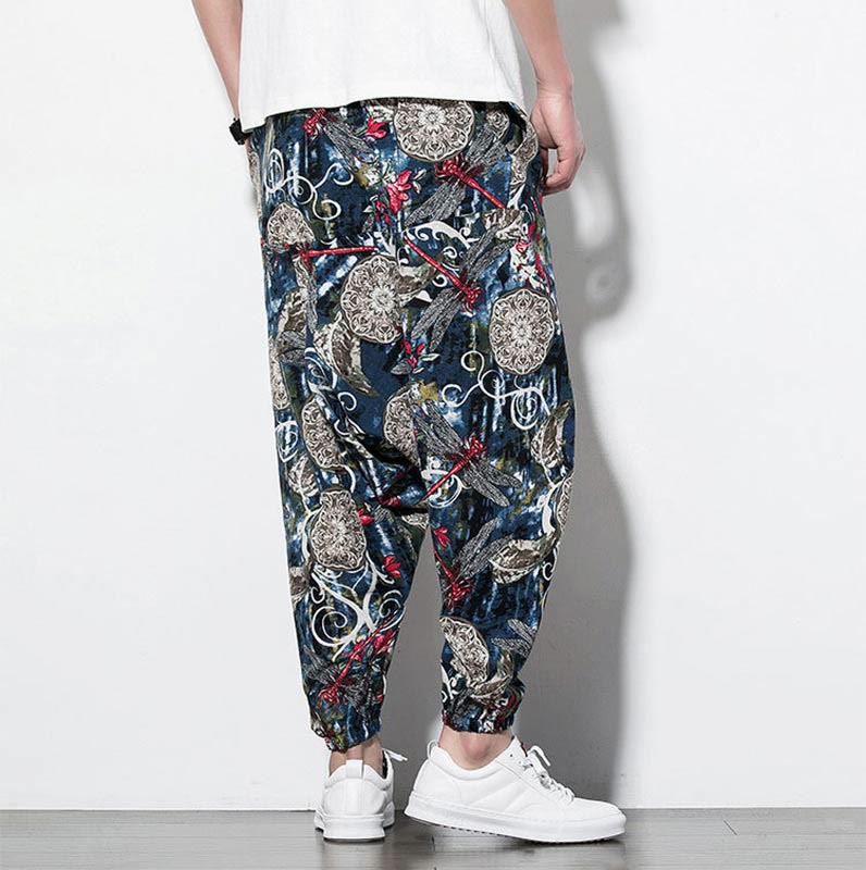 Buddha Stones Red Dragonfly Dandelion Print Cotton Men's Harem Pants With Pockets - image 2