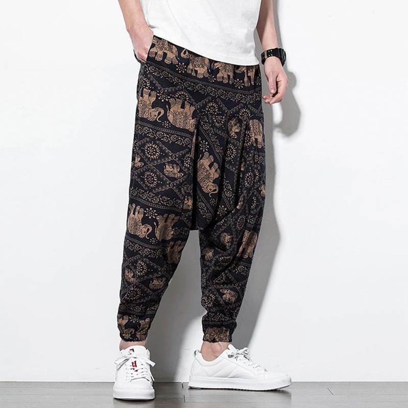 Buddha Stones Elephant Brown Black Print Cotton Men's Long Cropped Harem Pants With Pockets - image 5