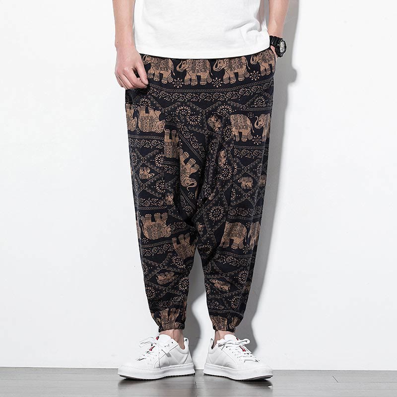 Buddha Stones Elephant Brown Black Print Cotton Men's Long Cropped Harem Pants With Pockets - image 1