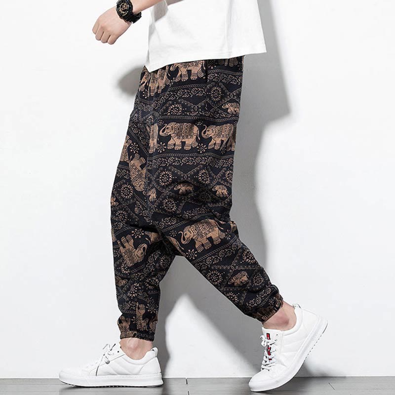 Buddha Stones Elephant Brown Black Print Cotton Men's Long Cropped Harem Pants With Pockets - image 8