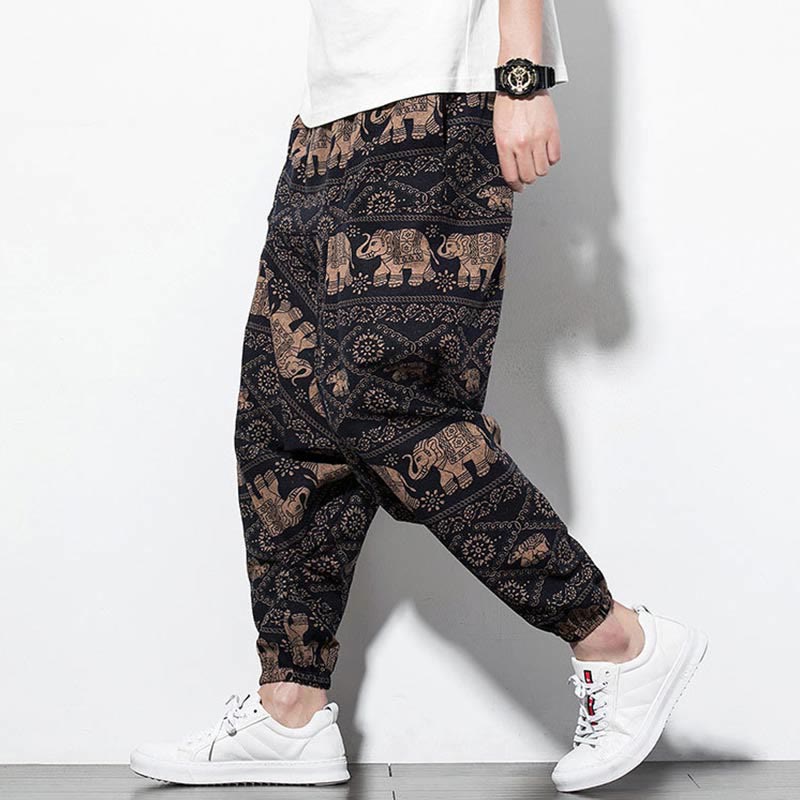 Buddha Stones Elephant Brown Black Print Cotton Men's Long Cropped Harem Pants With Pockets - Long Style Elephant - US/UK/AU46，EU56 (5XL) - image 0