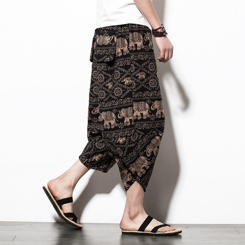 Buddha Stones Elephant Brown Black Print Cotton Men's Long Cropped Harem Pants With Pockets - Cropped Style Elephant - US/UK/AU46，EU56 (5XL) - image 9
