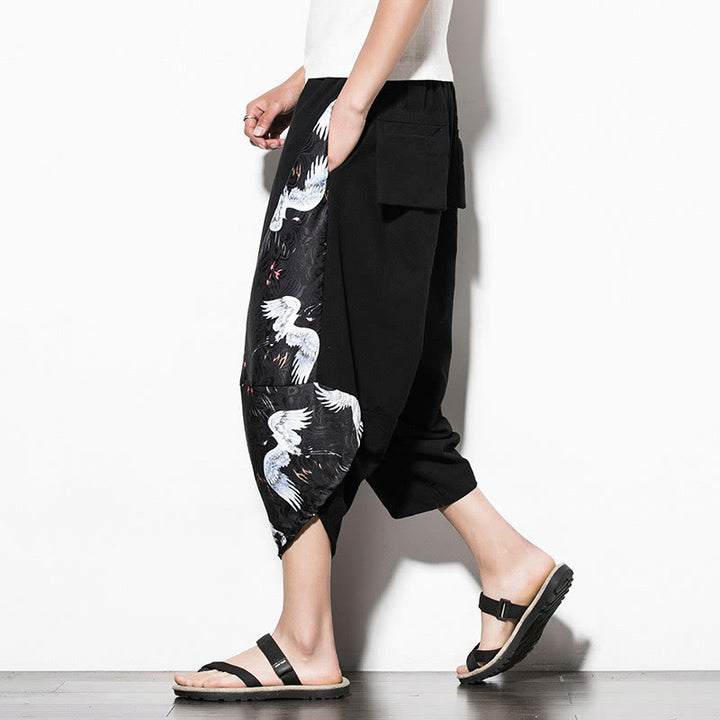 Buddha Stones White Crane Print Cotton Men's Cropped Harem Pants With Pockets - image 4