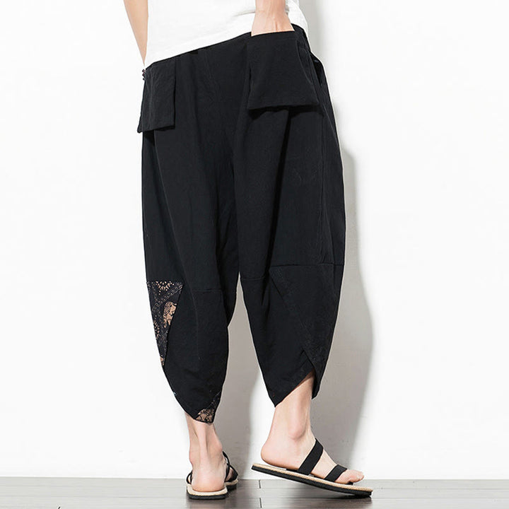 Buddha Stones Brown Elephant Print Cotton Men's Cropped Harem Pants With Pockets - image 2