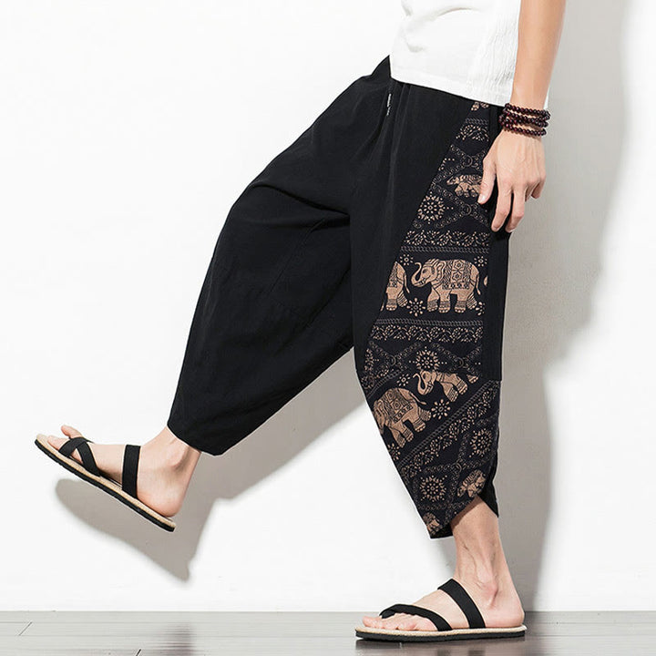 Buddha Stones Brown Elephant Print Cotton Men's Cropped Harem Pants With Pockets - image 7
