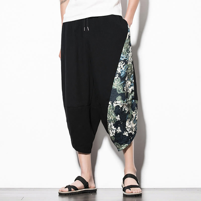 Buddha Stones Green Waves Print Cotton Men's Cropped Harem Pants With Pockets - image 6