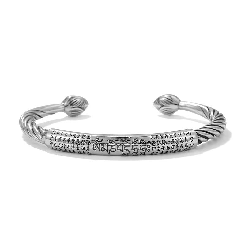 Buddha Stones 999 Sterling Silver Six True Words Heart Sutra Braided Design Lotus Protection Bracelet Bangle - image 4