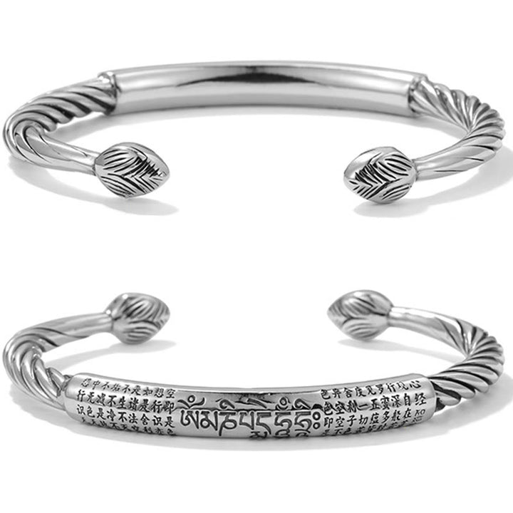 Buddha Stones 999 Sterling Silver Six True Words Heart Sutra Braided Design Lotus Protection Bracelet Bangle - image 5
