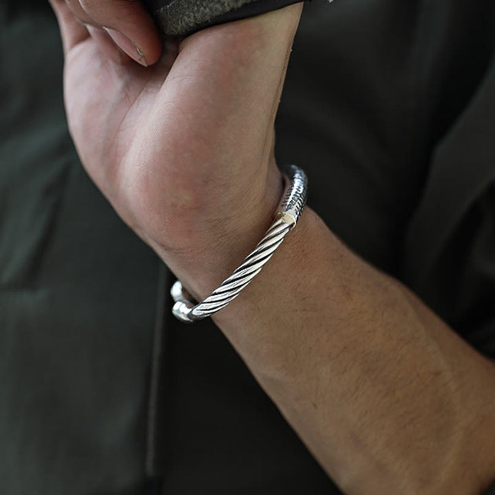 Buddha Stones 999 Sterling Silver Six True Words Heart Sutra Braided Design Lotus Protection Bracelet Bangle - image 3