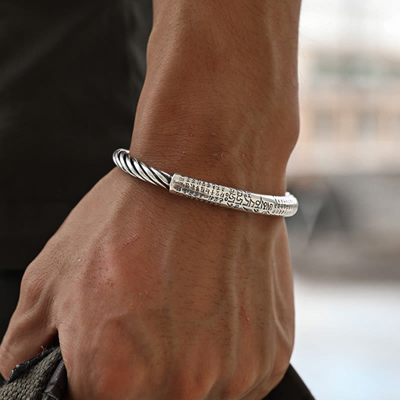 Buddha Stones 999 Sterling Silver Six True Words Heart Sutra Braided Design Lotus Protection Bracelet Bangle - image 2